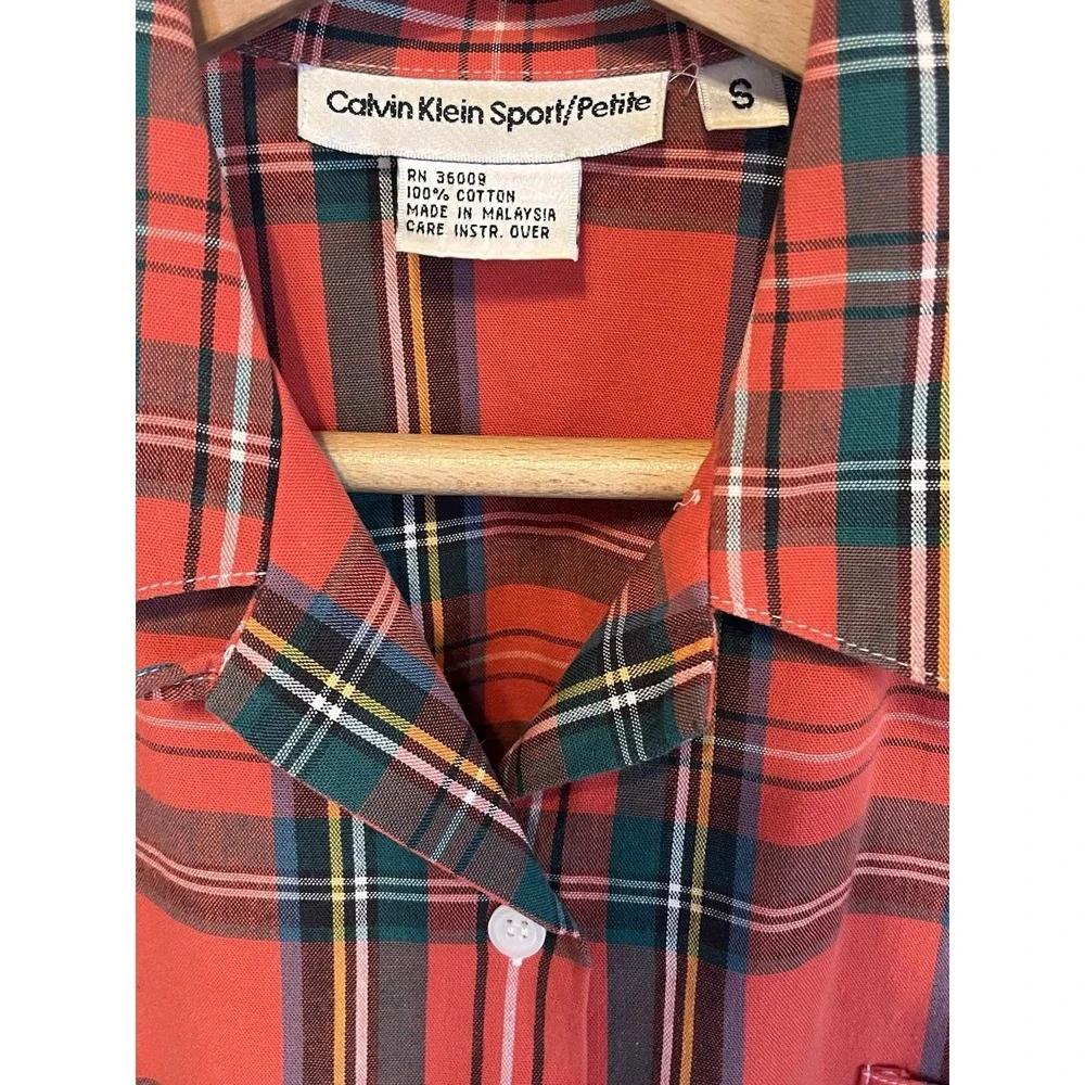 Vintage 90s Calvin‎ Klein Sport Women's Plaid Top Short Sleeve Button Up Small - Picture 2 of 6